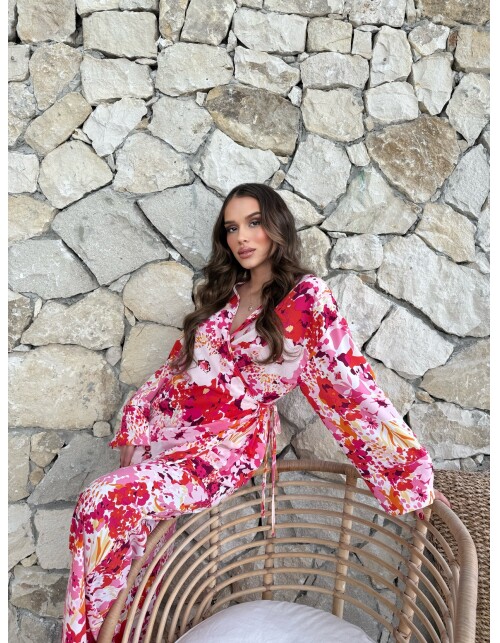 869 - Kruvaze Yandan Bağlamalı Desenli Saten Takım