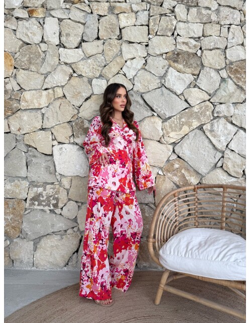 869 - Kruvaze Yandan Bağlamalı Desenli Saten Takım