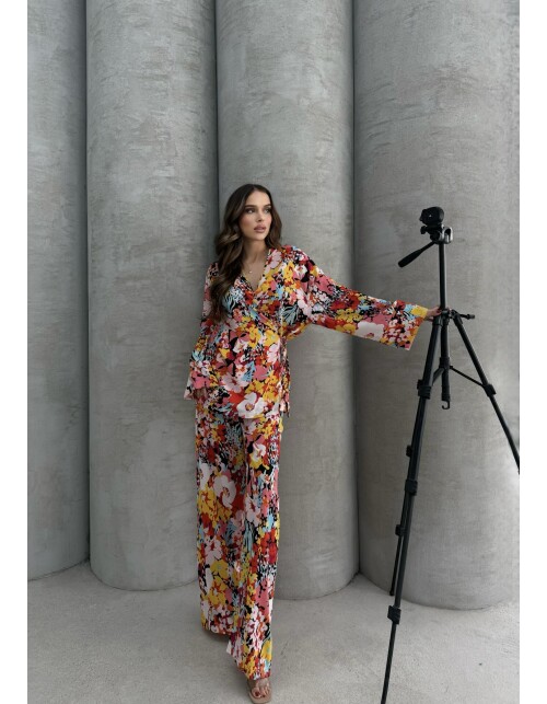 869 - Kruvaze Yandan Bağlamalı Desenli Saten Takım