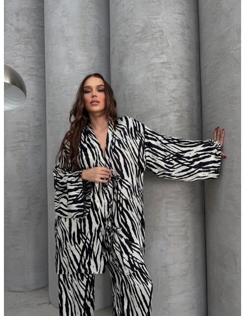 870 - Bağlamalı Desenli Saten Takım