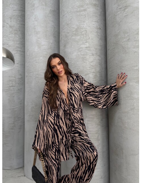 870 - Bağlamalı Desenli Saten Takım